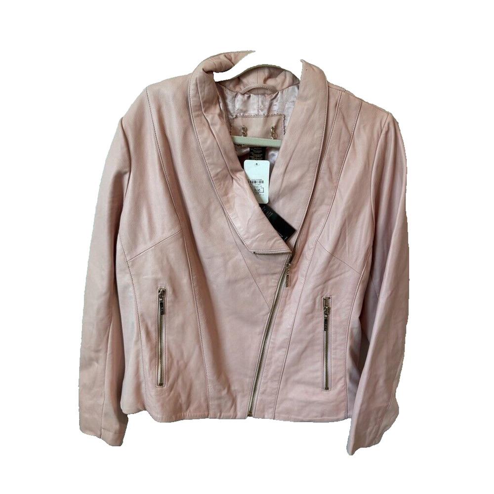 IMAN BLUSH PINK Soft Leather Jacket MOTO BIKER Ponte Knit zip pockets Sz 1X NWTS